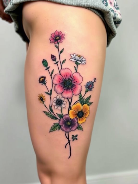 beautiful wildflower thigh tattoo