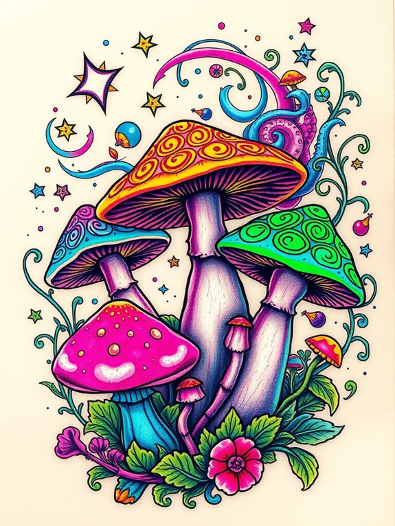 colorful fungi tattoo design