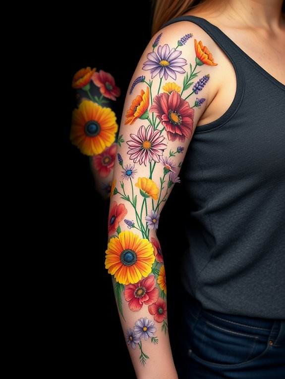 colorful wildflower arm tattoo