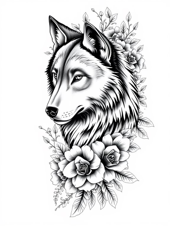 nature inspired wolf and flowers