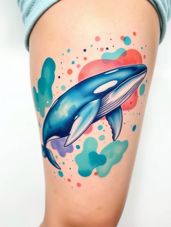 whimsical whale thigh tattoo