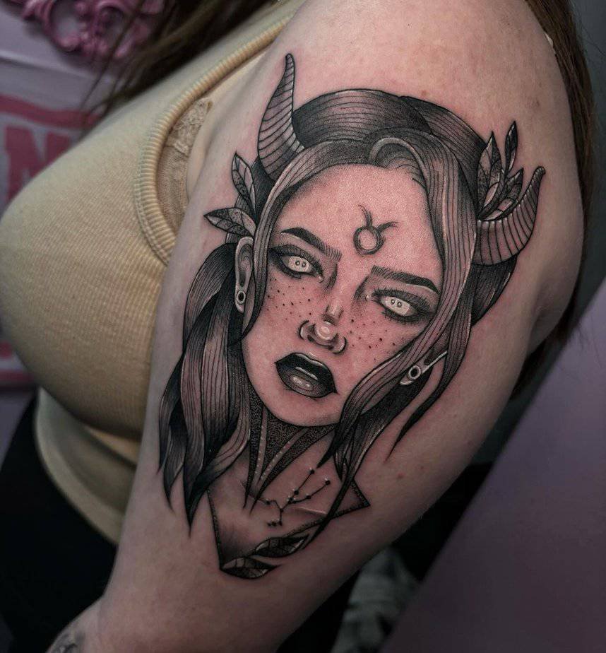 Intense goddess figure with bull horns