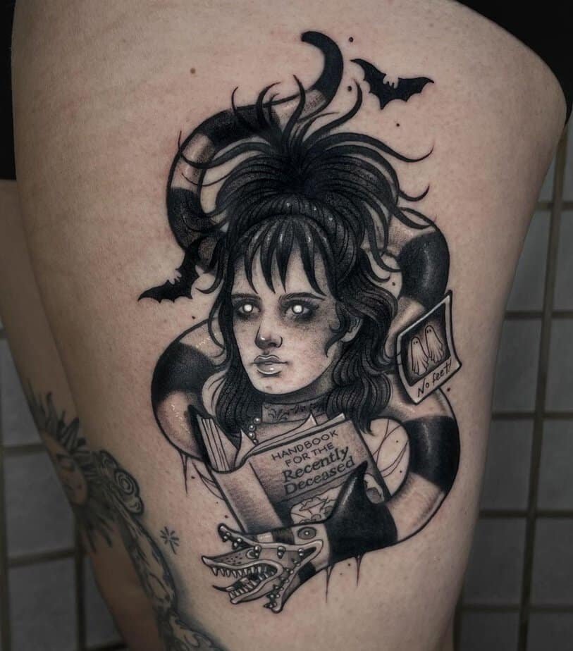 Lydia with the Handbook for the Recently Deceased