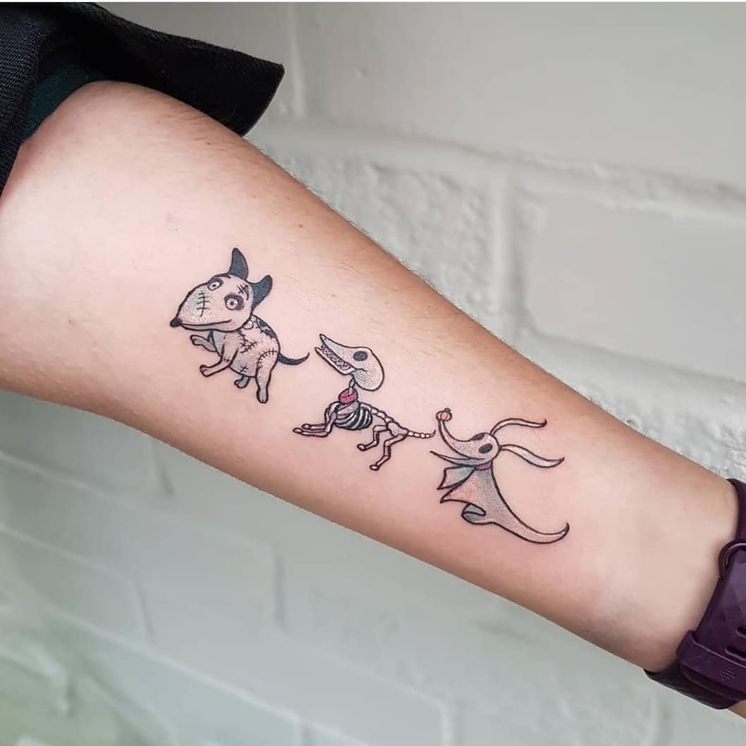 Lineup of Tim Burton dogs: Sparky, Scraps, Zero