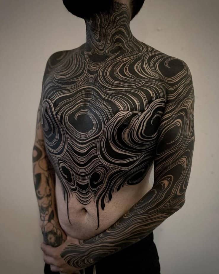 Full chest and neck suminagashi spanning like waves