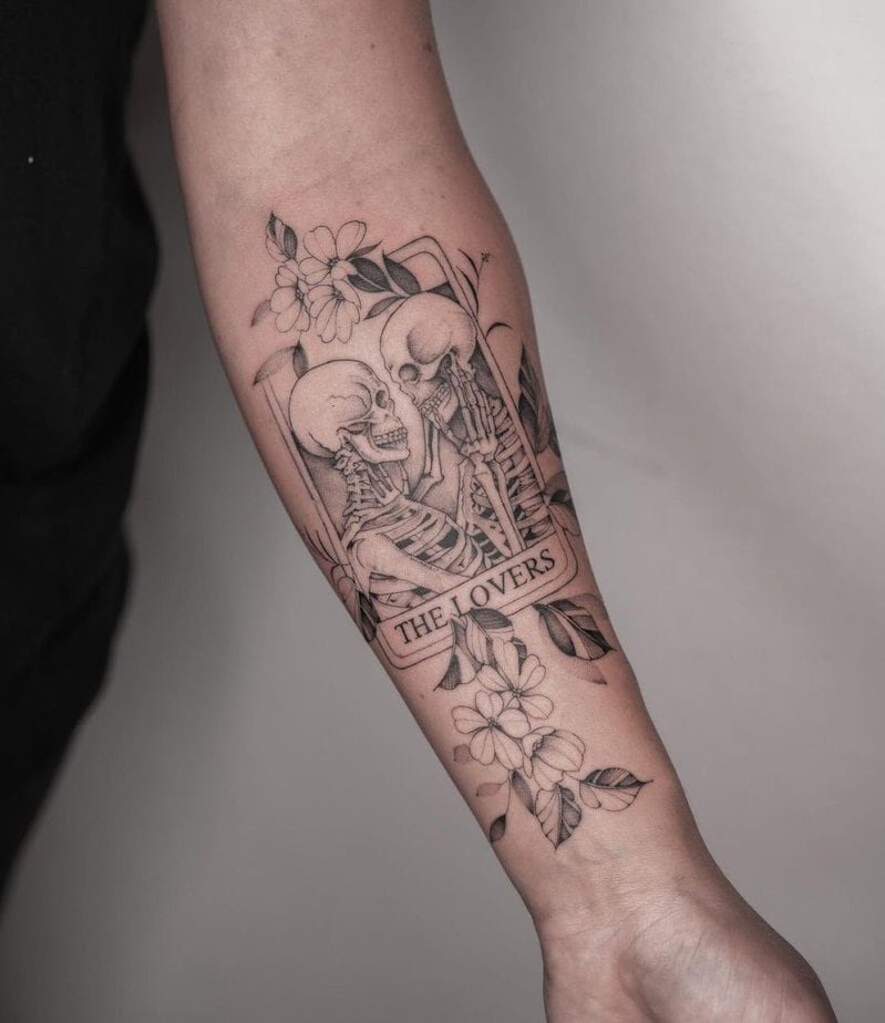 The Lovers tarot card tattoo on forearm