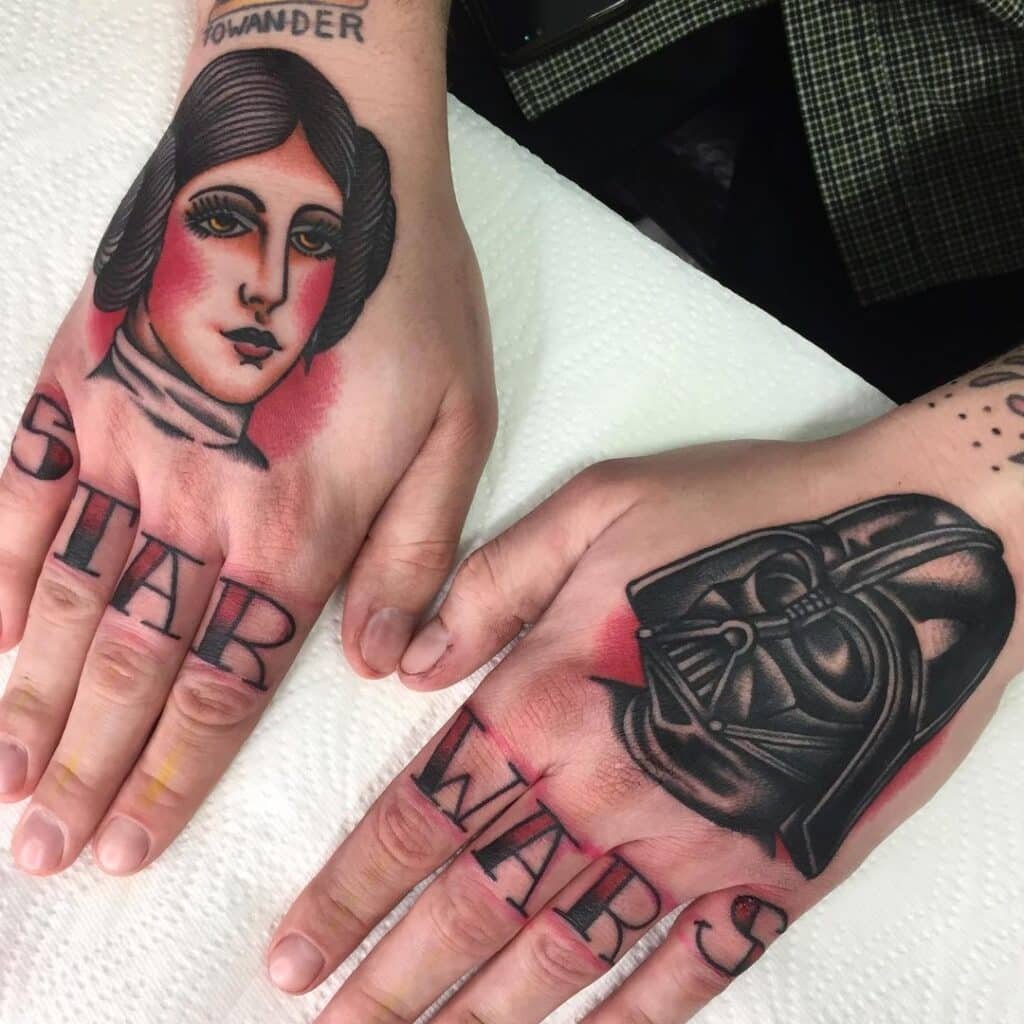 Traditional Leia and Vader hand tattoo