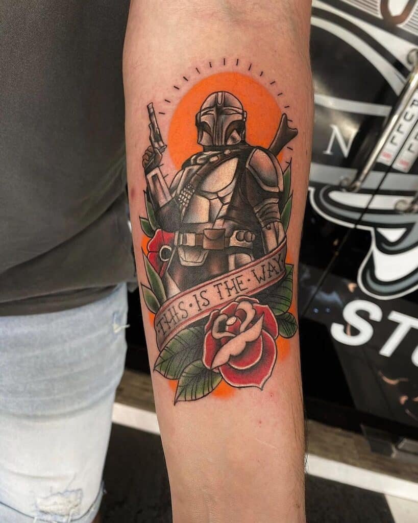 Colored Mandalorian tattoo inside arm