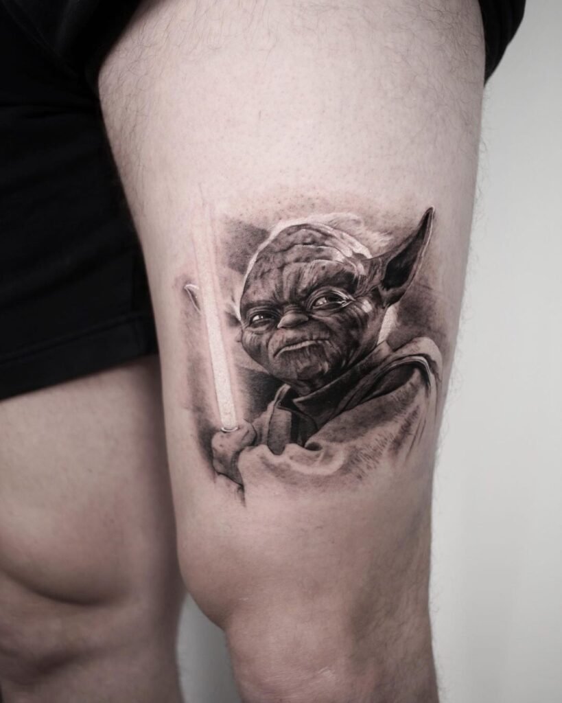 Yoda thigh tattoo