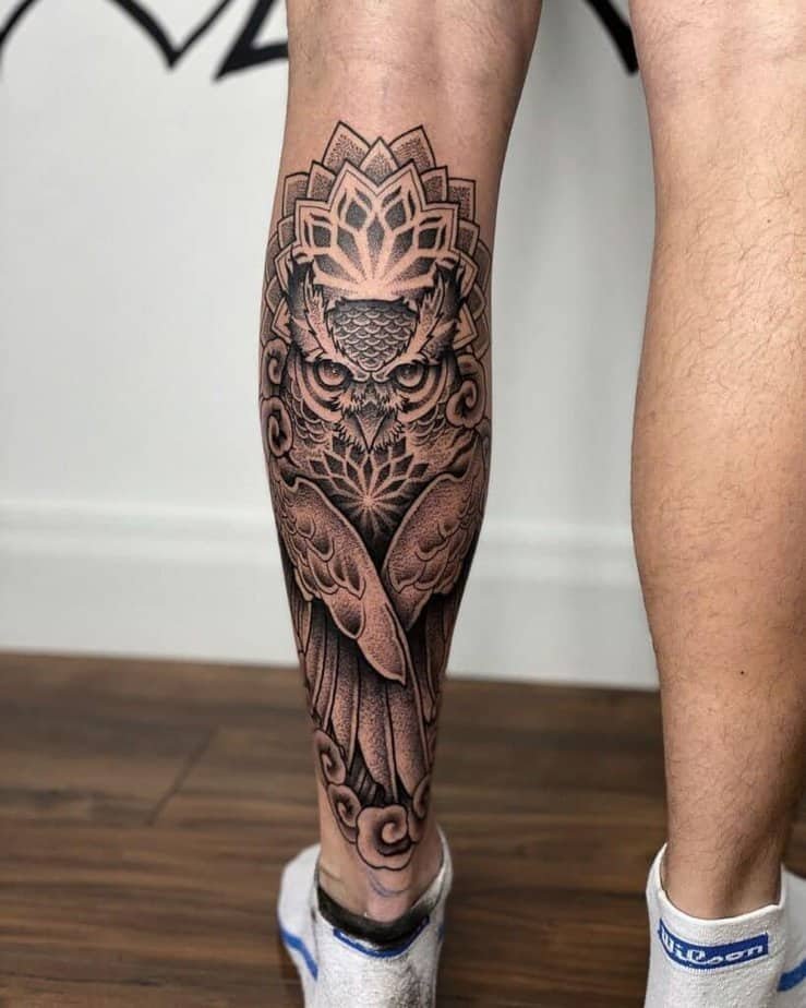 Calf owl and mandala tattoo