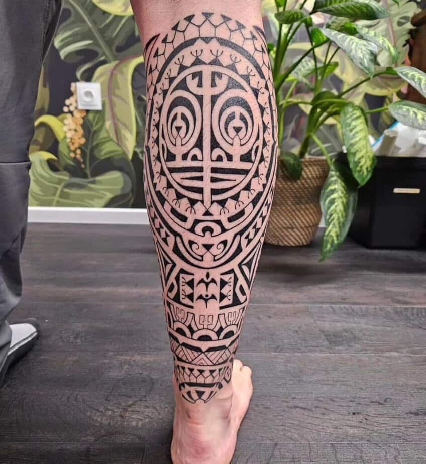 Polynesian calf tattoo