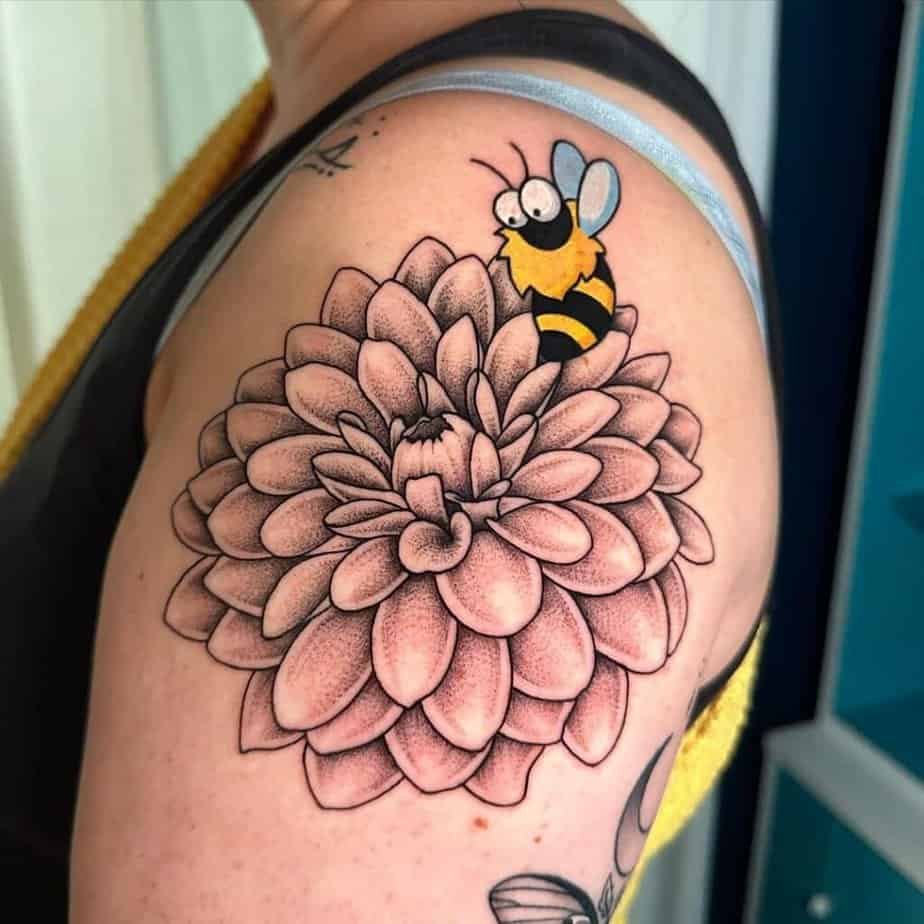 8. A dahlia and a cartoon-style bee