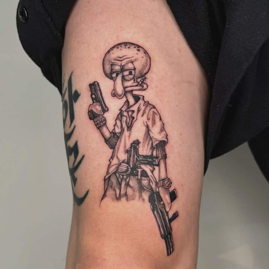 12. A tattoo of Squidward on the thigh