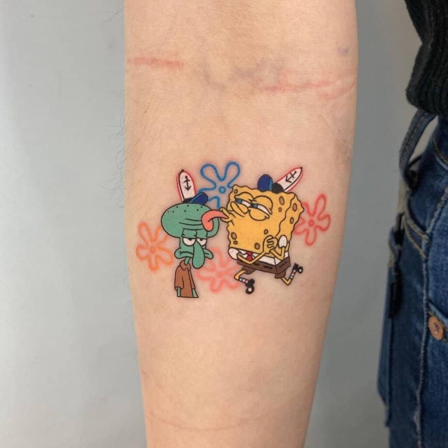 4. A tattoo of SpongeBob and Squidward