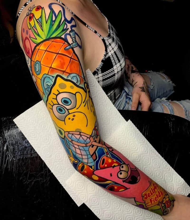 9. A full-sleeve SpongeBob tattoo