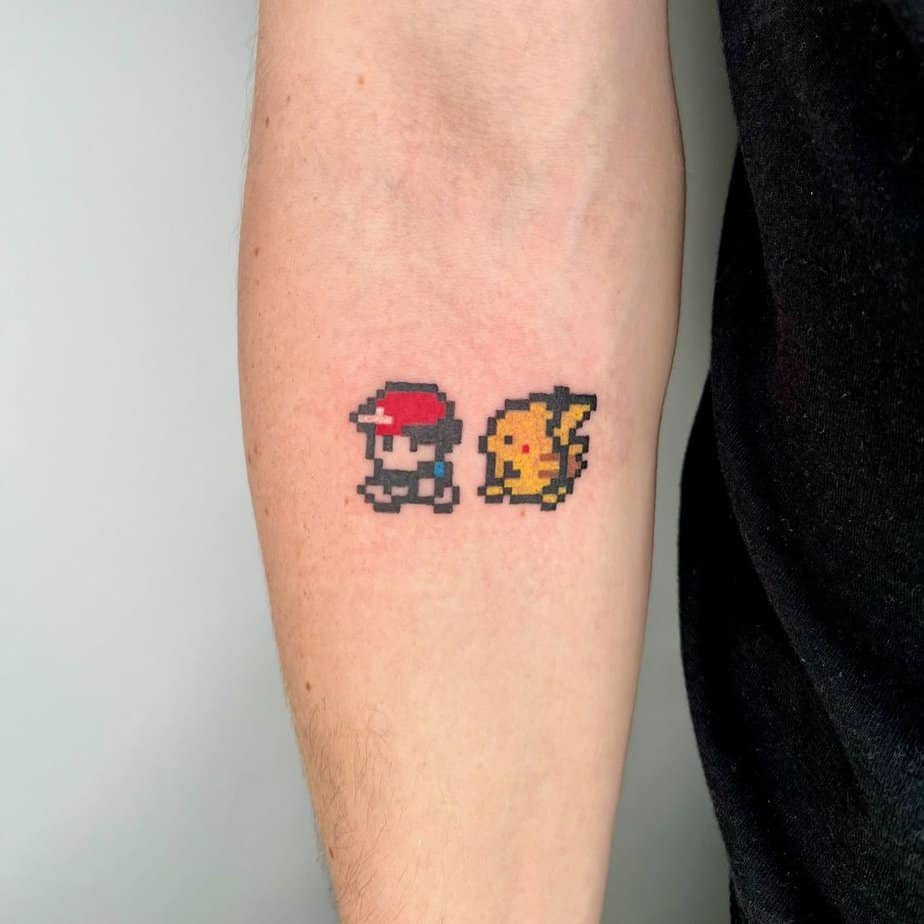 8-bit Ash and Pikachu tattoo