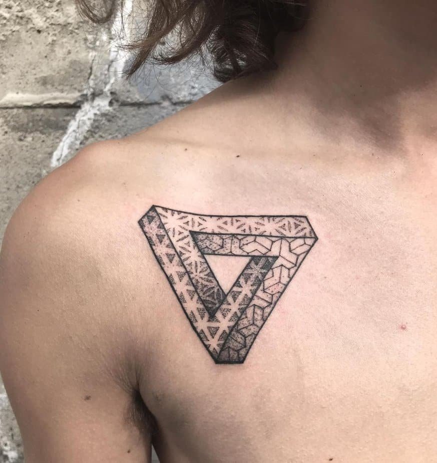 Geometric Penrose triangle with abstract patterns on the chest