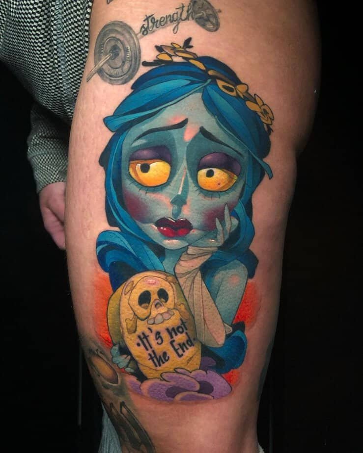 Colorful Emily with tombstone that reads 