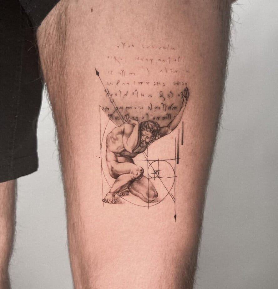 10. A micro-realism Atlas tattoo on the thigh 