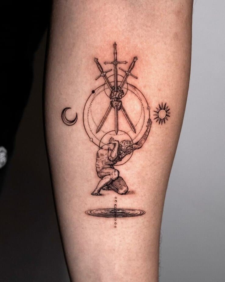 12. A tattoo of Atlas with three swords stabbing a heart