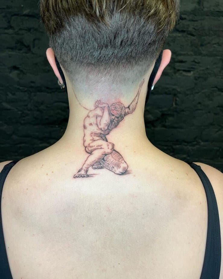 15. A tattoo of Atlas on the back of the neck