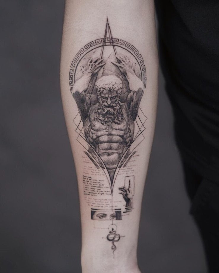 21. A geometric Atlas tattoo on the forearm