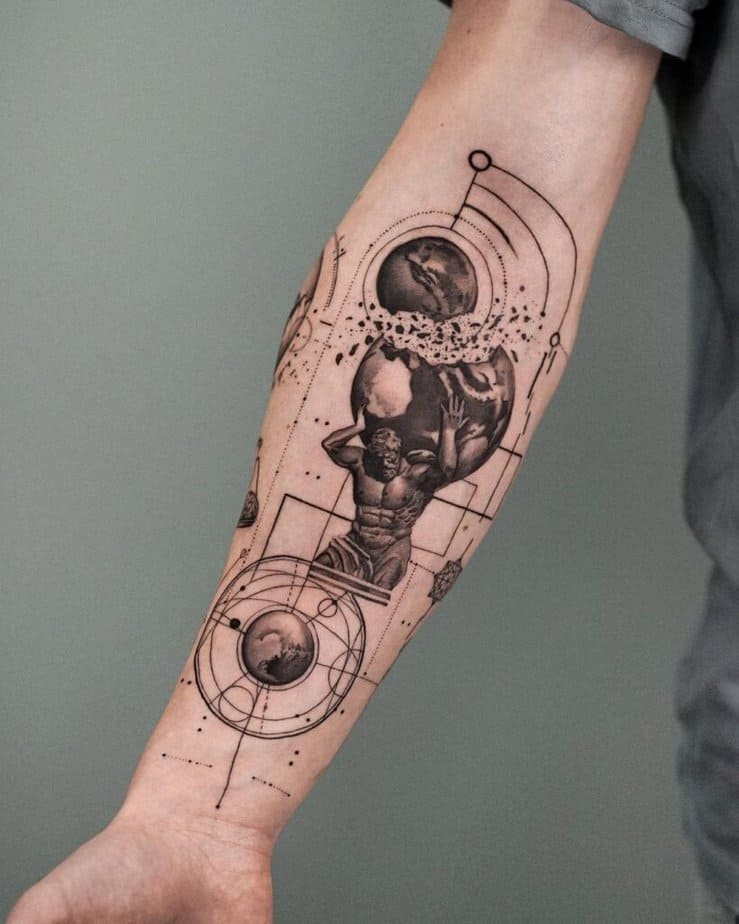 4. A detailed Atlas tattoo on the forearm
