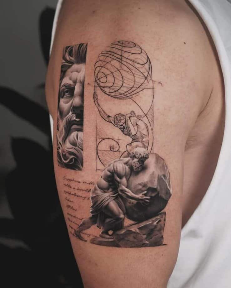 7. A detailed Atlas tattoo on the upper arm