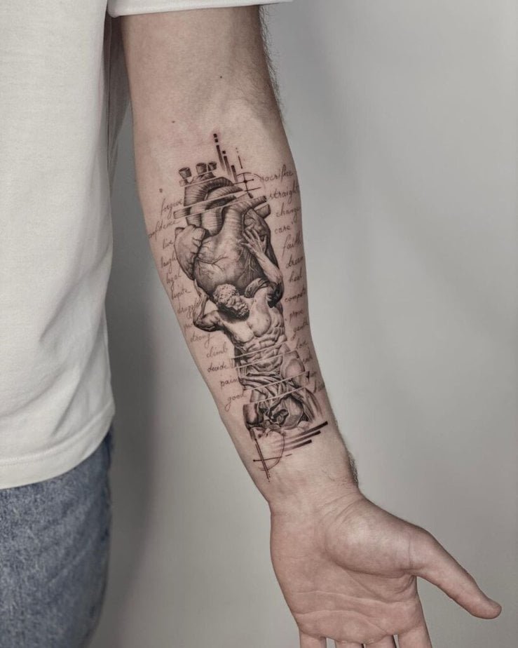 8. A tattoo of Atlas holding a heart 