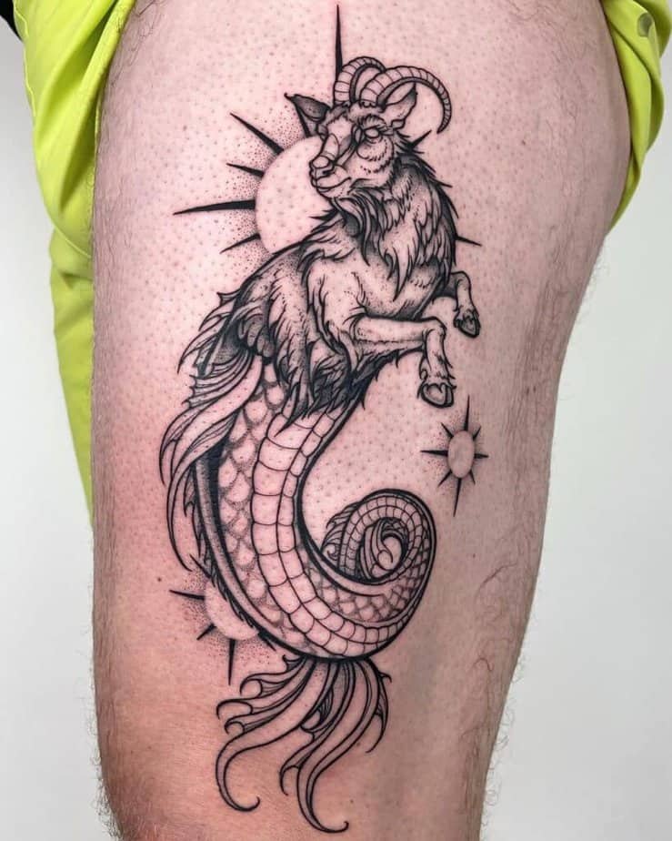 13. A Capricorn sea goat tattoo on the thigh