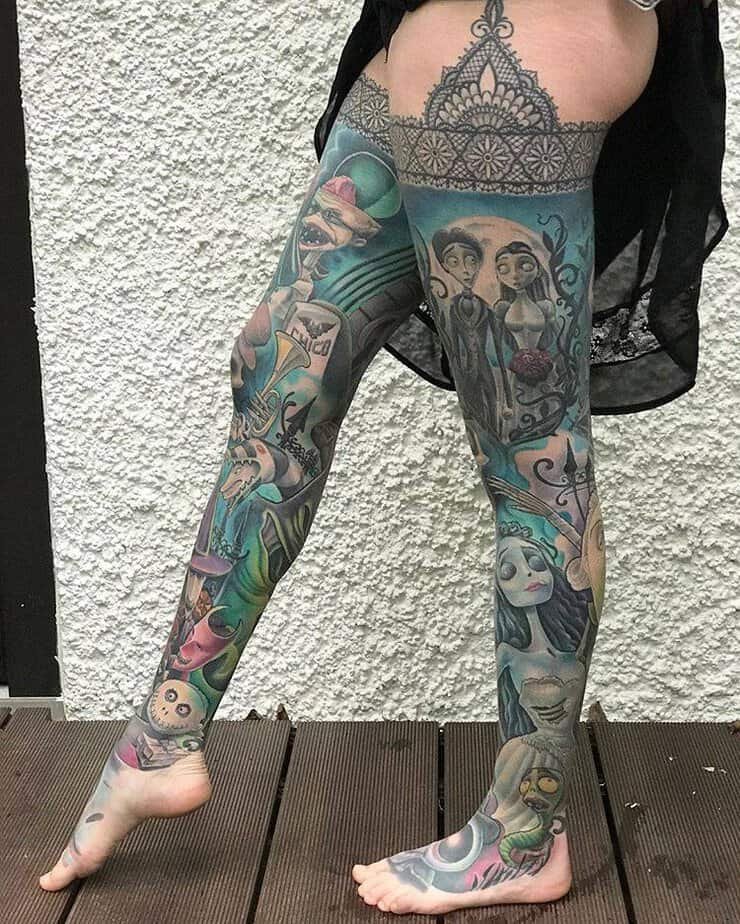 Leg sleeve with multiple Tim Burton characters
