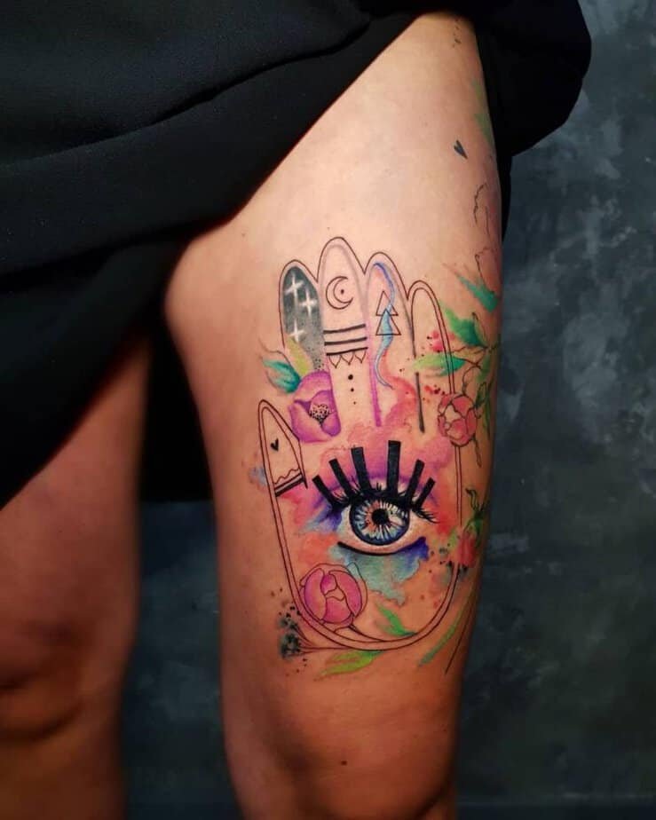 Watercolor hamsa hand with vibrant colors