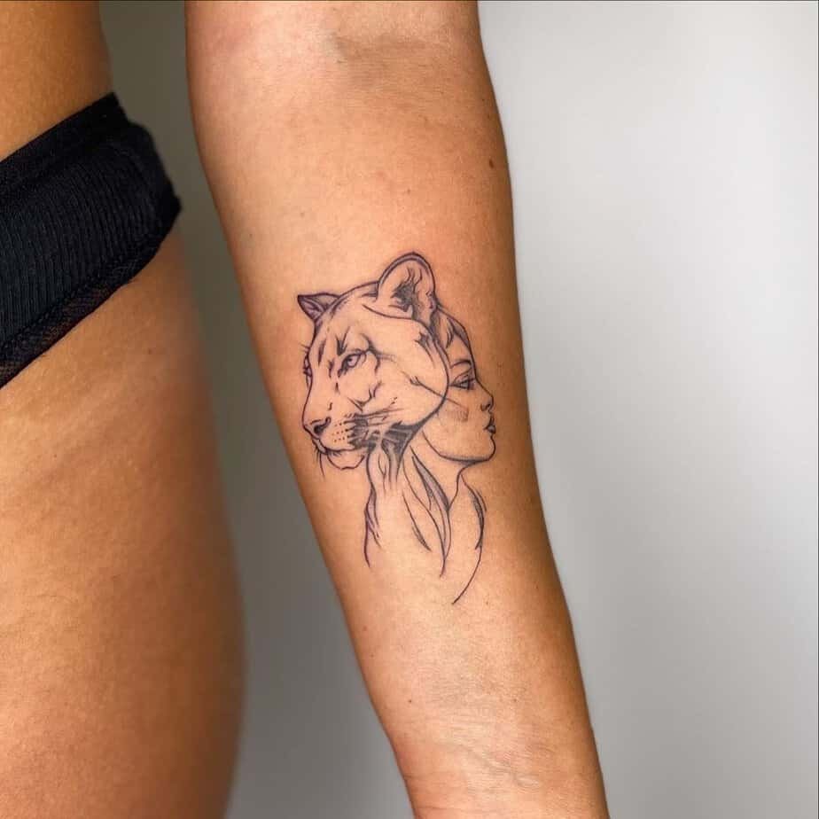 Lioness and woman profile blend