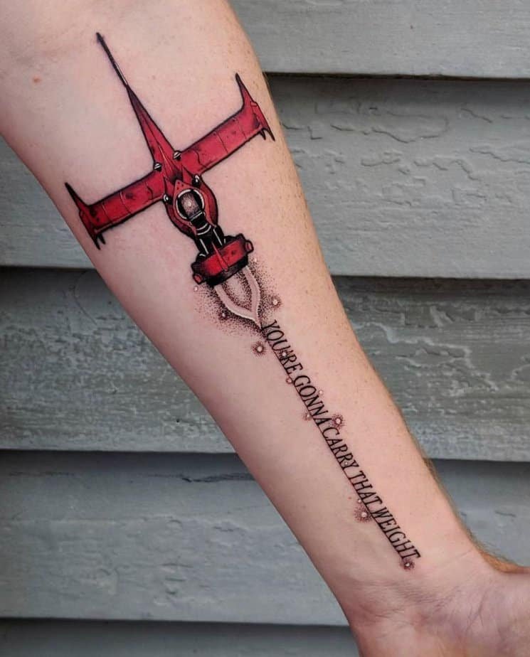 Red Swordfish II forearm tattoo