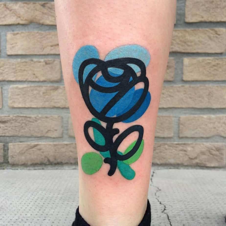 Contemporary blue rose with bold black outline and spill of color