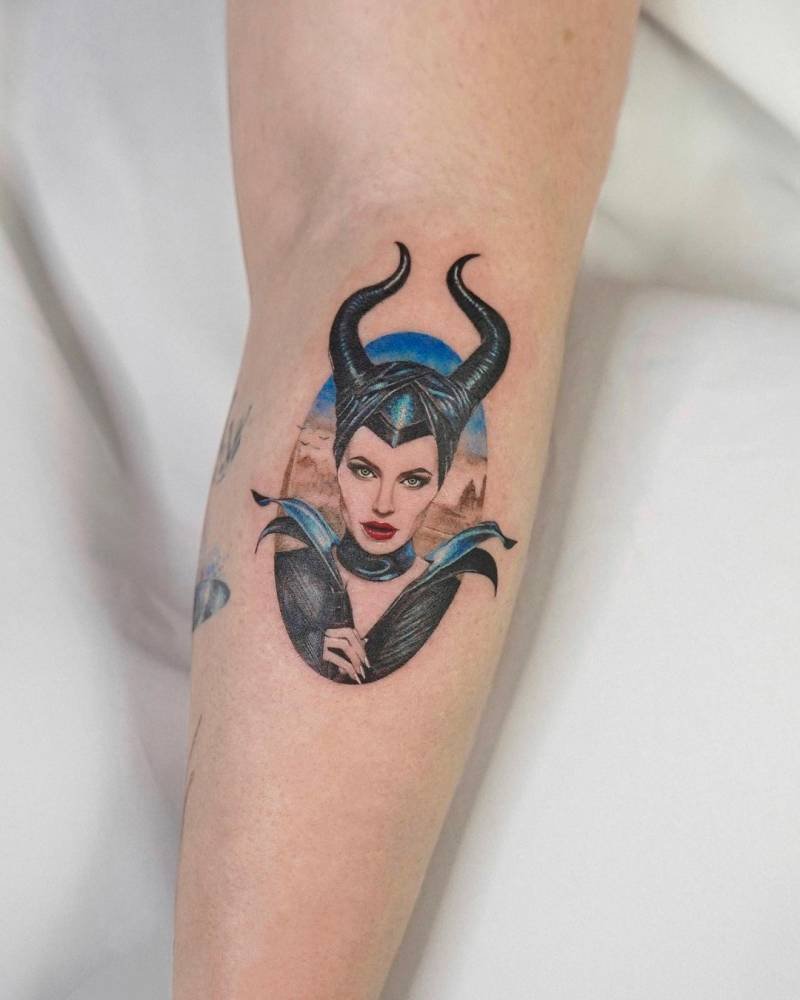 Micro-realistic Maleficent tattoo