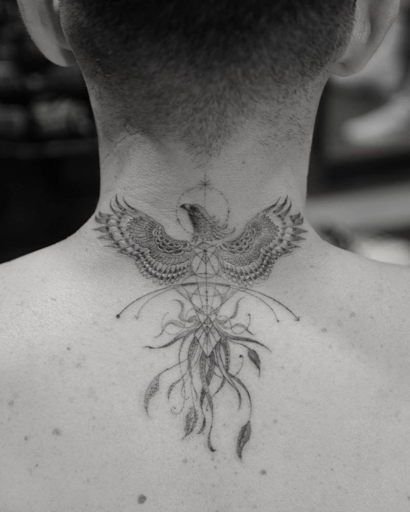 Micro-realistic phoenix on neck