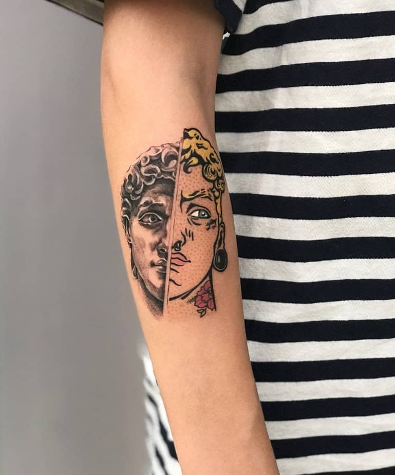 Statue and pop art tattoo