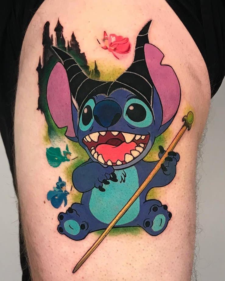 Stitch and Maleficent mashup tattoo