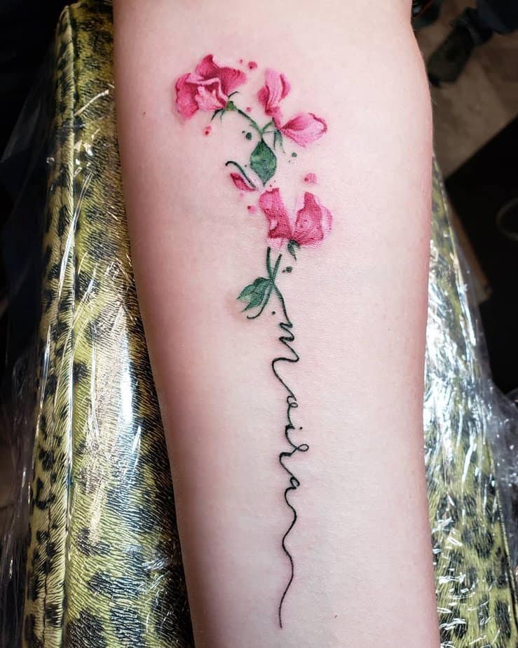 Sweet pea tattoo with lettering