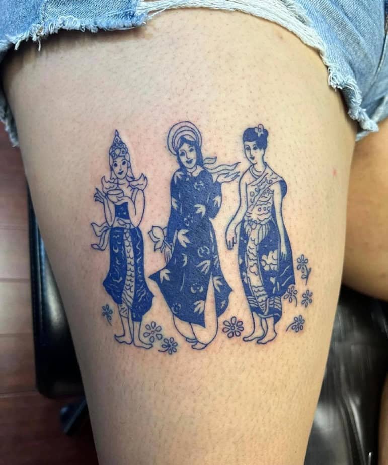 The Three Ladies thigh tattoo
