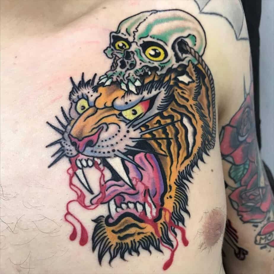 Tiger and skull tattoo
