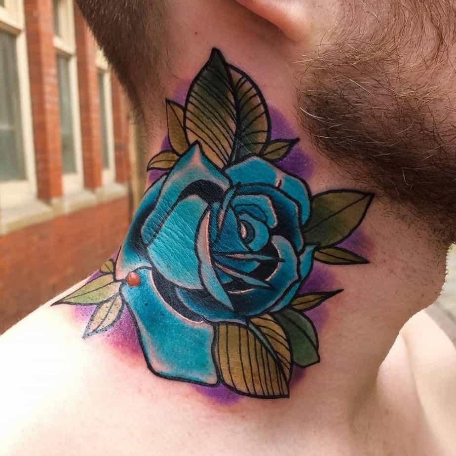 Traditional-style blue rose on the neck with green leaves and purple background