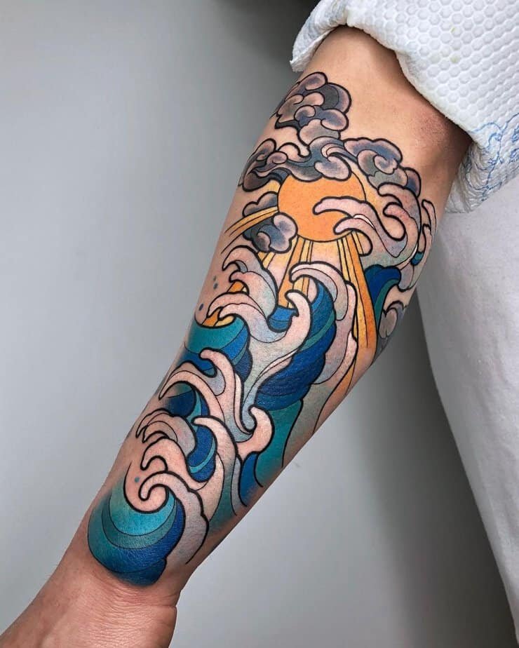 Colorful wave and sun tattoo options
