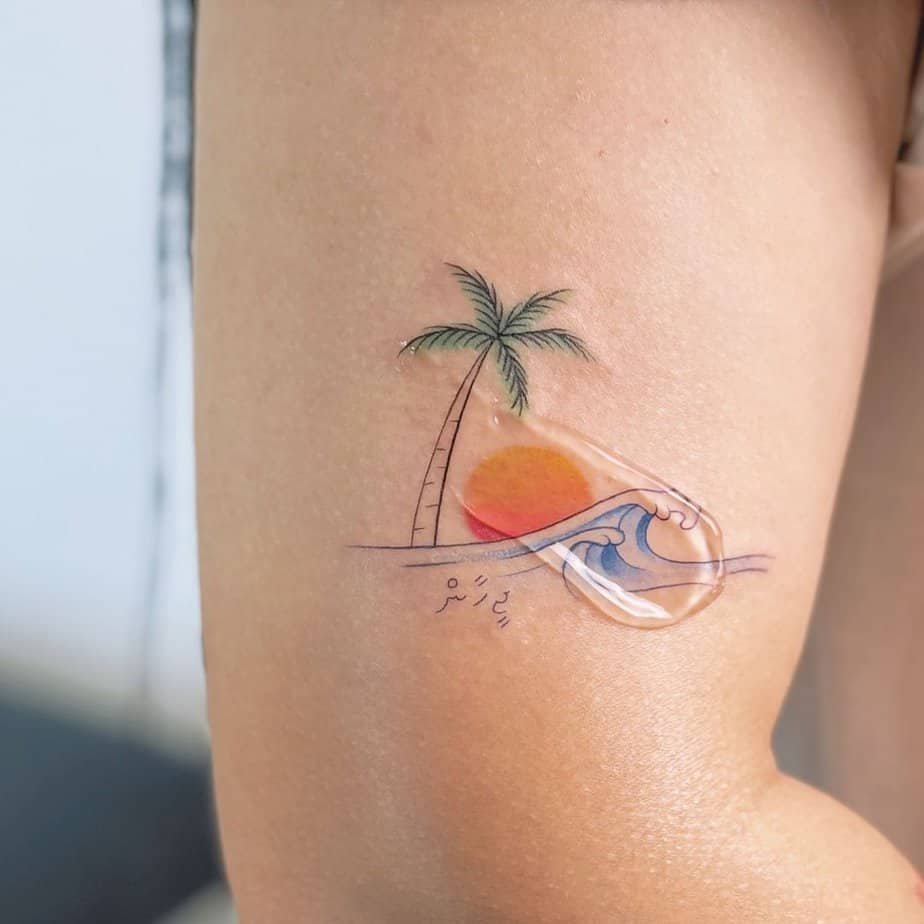 Colorful wave and sun tattoo options
