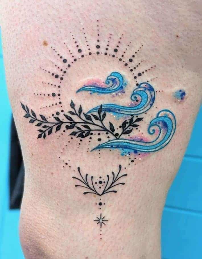 Colorful wave and sun tattoo options
