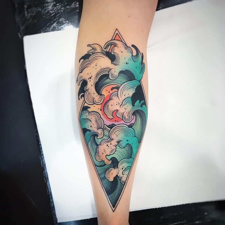 Colorful wave and sun tattoo options
