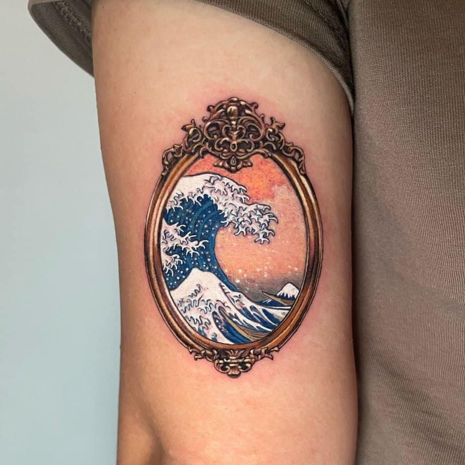 Colorful wave and sun tattoo options
