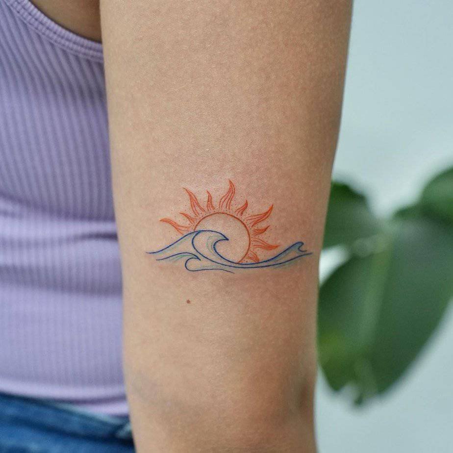 Colorful wave and sun tattoo options
