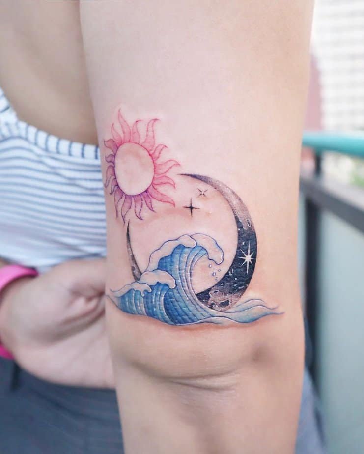 Colorful wave and sun tattoo options
